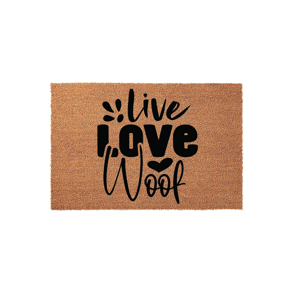 Live Love Woof coir doormat featuring a natural brown fiber texture and bold black lettering, creating a charming entryway accent for dog lovers who want to display their affection for their pets right at their front door.