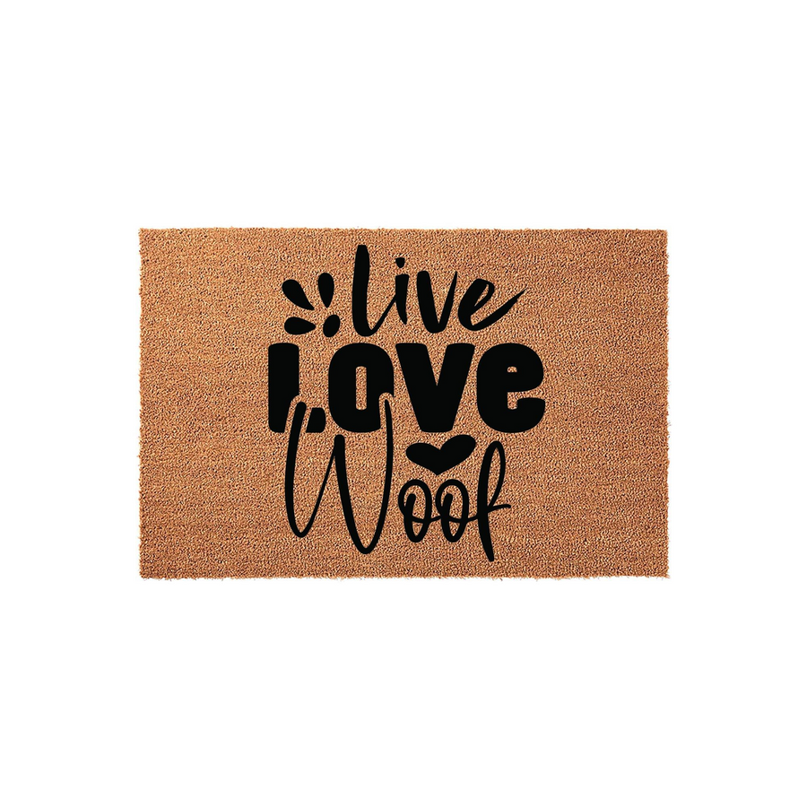 Live Love Woof coir doormat featuring a natural brown fiber texture and bold black lettering, creating a charming entryway accent for dog lovers who want to display their affection for their pets right at their front door.