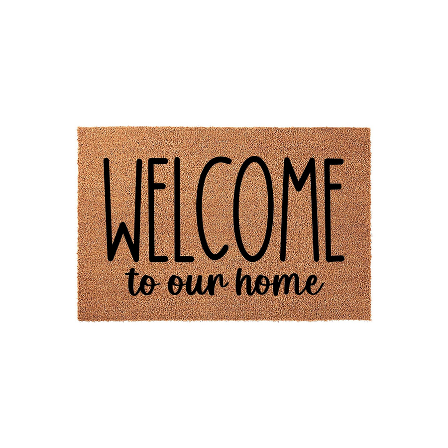 Welcome to our home coir doormat featuring a natural brown fiber texture and bold black lettering, providing a classic and inviting entryway decor piece that adds a warm touch to any front porch or doorstep for guests and family