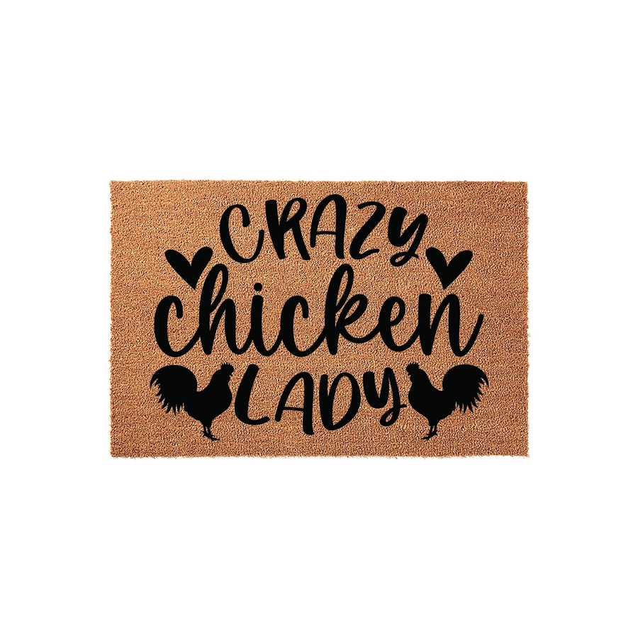 Crazy Chicken Lady coir doormat featuring black text and silhouettes of two roosters on a natural brown fiber background, making a fun farmhouse style entryway decor piece for any backyard poultry enthusiast or chicken lover home.