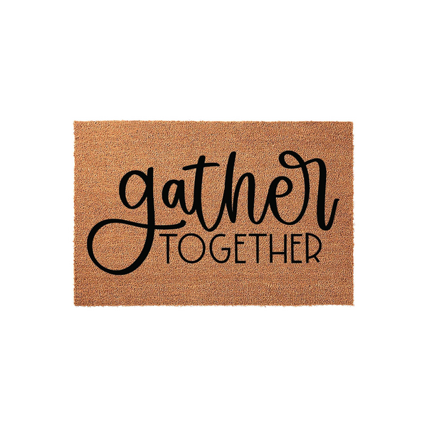 Gather Together coir doormat featuring a natural brown fiber texture and bold black script lettering, providing a welcoming farmhouse style accent for your front porch entrance that is durable for everyday outdoor home decor use.