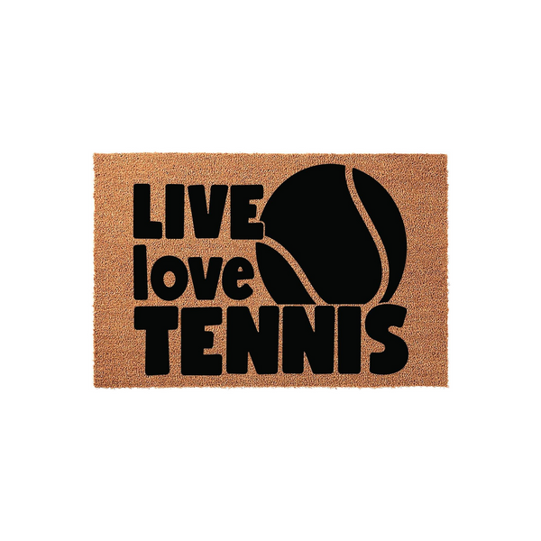 Live Love Tennis coir doormat featuring bold black text and a large tennis ball graphic printed on a natural brown fiber background, making it a fun outdoor welcome mat for any tennis player or sports enthusiast home entrance.