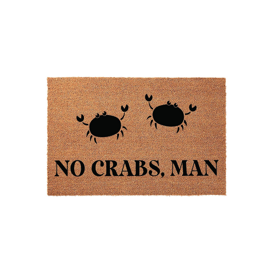 No Crabs Man coir doormat featuring two cute black crab illustrations printed on a natural tan fiber background, creating a humorous coastal or beach house entryway decor piece that welcomes guests with a funny nautical message.