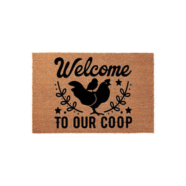 Chicken Welcome To Our Coop doormat featuring a natural coir texture with a black printed design of a hen and chick, surrounded by decorative stars and leafy branches on a plain white background for a farmhouse entryway decor