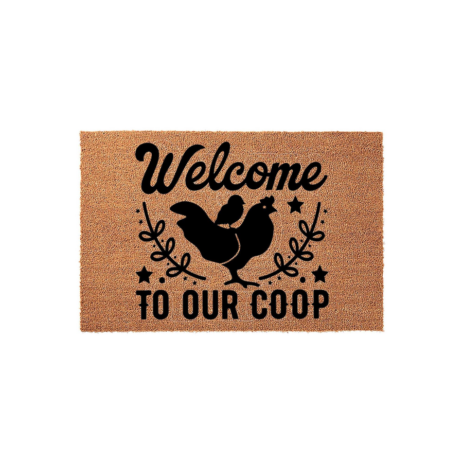 Chicken Welcome To Our Coop doormat featuring a natural coir texture with a black printed design of a hen and chick, surrounded by decorative stars and leafy branches on a plain white background for a farmhouse entryway decor