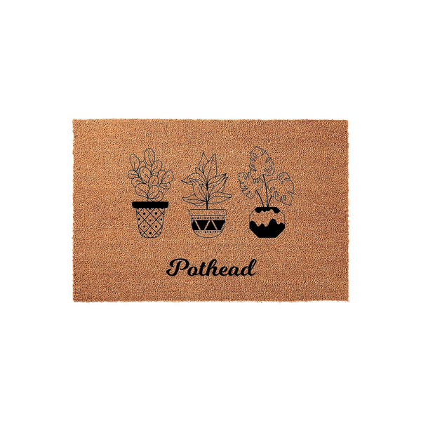 Pothead coir doormat featuring a humorous design of three potted houseplants in black line art, set against a natural brown textured background that adds a fun and welcoming touch to any front porch or entryway decor for plant