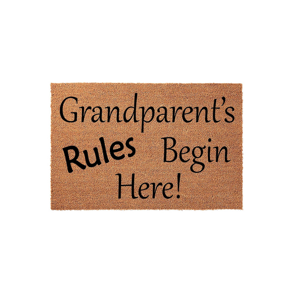 Grandparent's Rules Begin Here coir doormat featuring a natural tan fiber texture and bold black lettering, creating a fun and welcoming entryway accent for a home where grandparents love to host their grandchildren and family