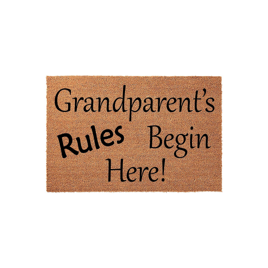 Grandparent's Rules Begin Here coir doormat featuring a natural tan fiber texture and bold black lettering, creating a fun and welcoming entryway accent for a home where grandparents love to host their grandchildren and family
