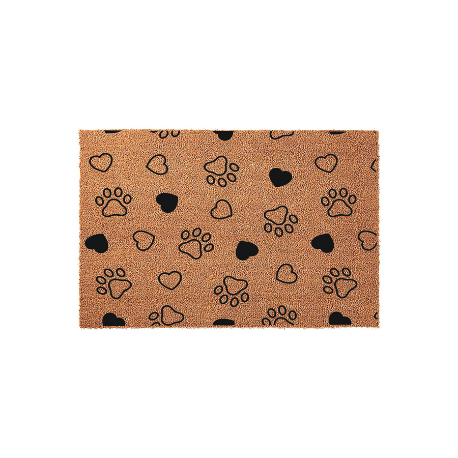Paw Print and Heart Coir Doormat featuring a natural tan fiber texture with a repeating pattern of black outlined paw prints and solid black hearts, creating a charming entryway rug for any pet lover's home on a clean white