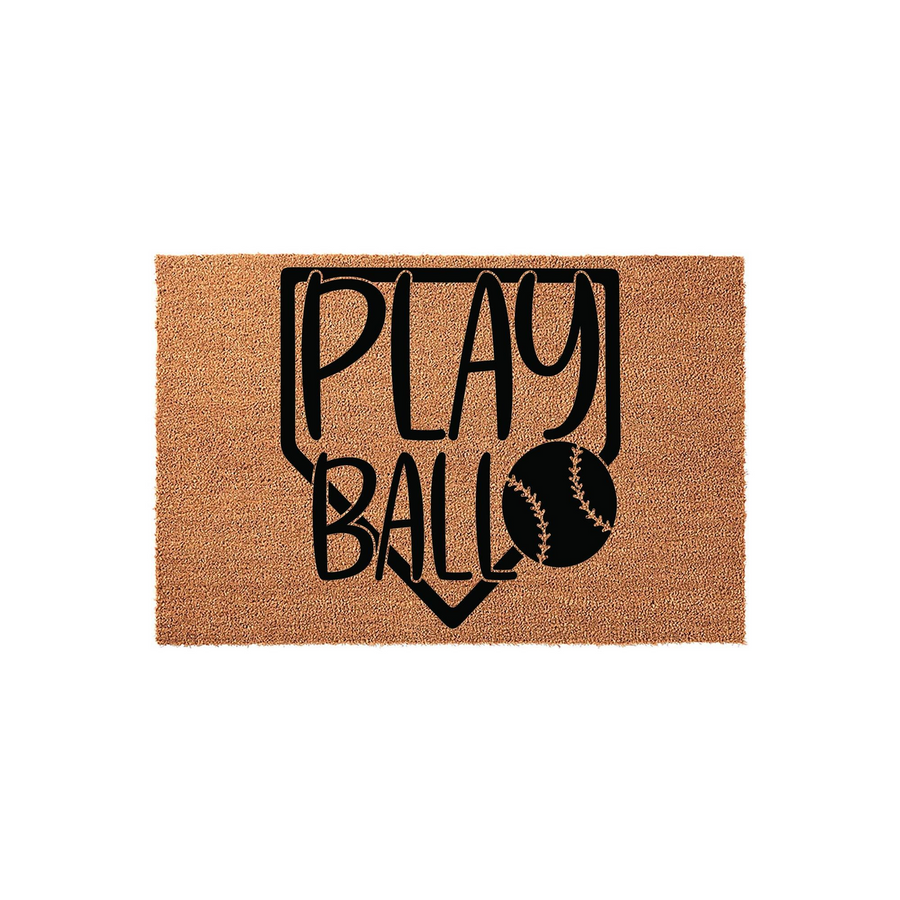 Baseball home plate doormat featuring a natural coir texture with a black printed design that says Play Ball inside a home plate shape, making it a fun outdoor entrance rug for any sports fan home or baseball themed front porch