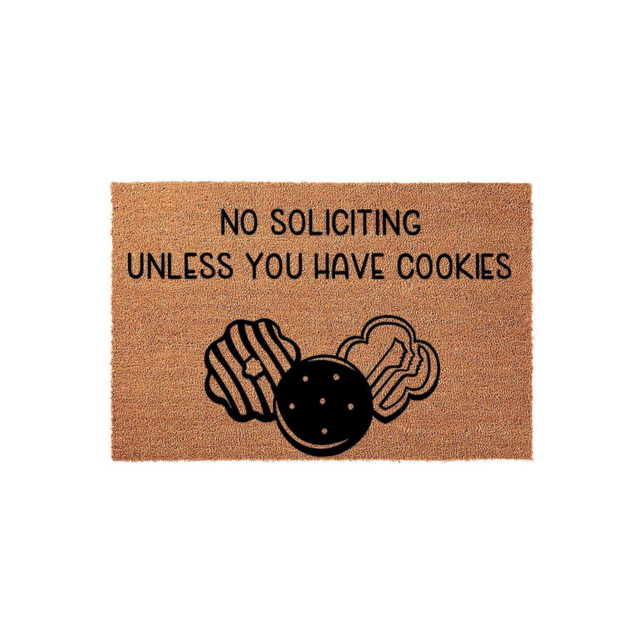 Funny No Soliciting Unless You Have Cookies doormat made of natural coir fiber, featuring bold black text and three illustrated cookie designs centered on a plain white background for a humorous front porch welcome.