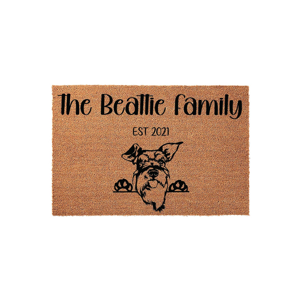 Personalized Schnauzer family doormat featuring a natural coir texture with a black printed illustration of a Schnauzer dog peeking over the edge, customized with a family name and established year on a clean white background.