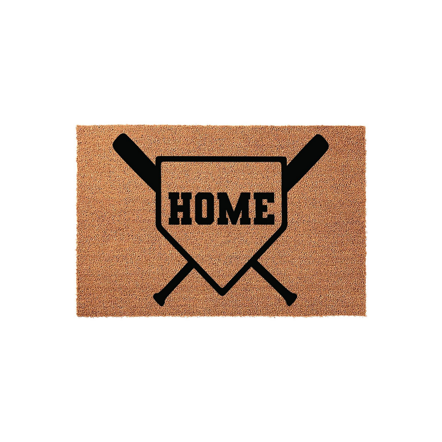 Baseball Home Plate Doormat featuring a natural coir texture with a black printed design of two crossed baseball bats behind a home plate graphic that says HOME in bold block letters, creating a sporty entrance for any baseball