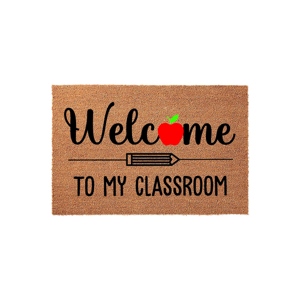 Teacher Classroom Welcome Doormat featuring a natural coir texture with black text that reads Welcome to my classroom, accented by a bright red apple icon and a pencil graphic centered on a plain white background for a school