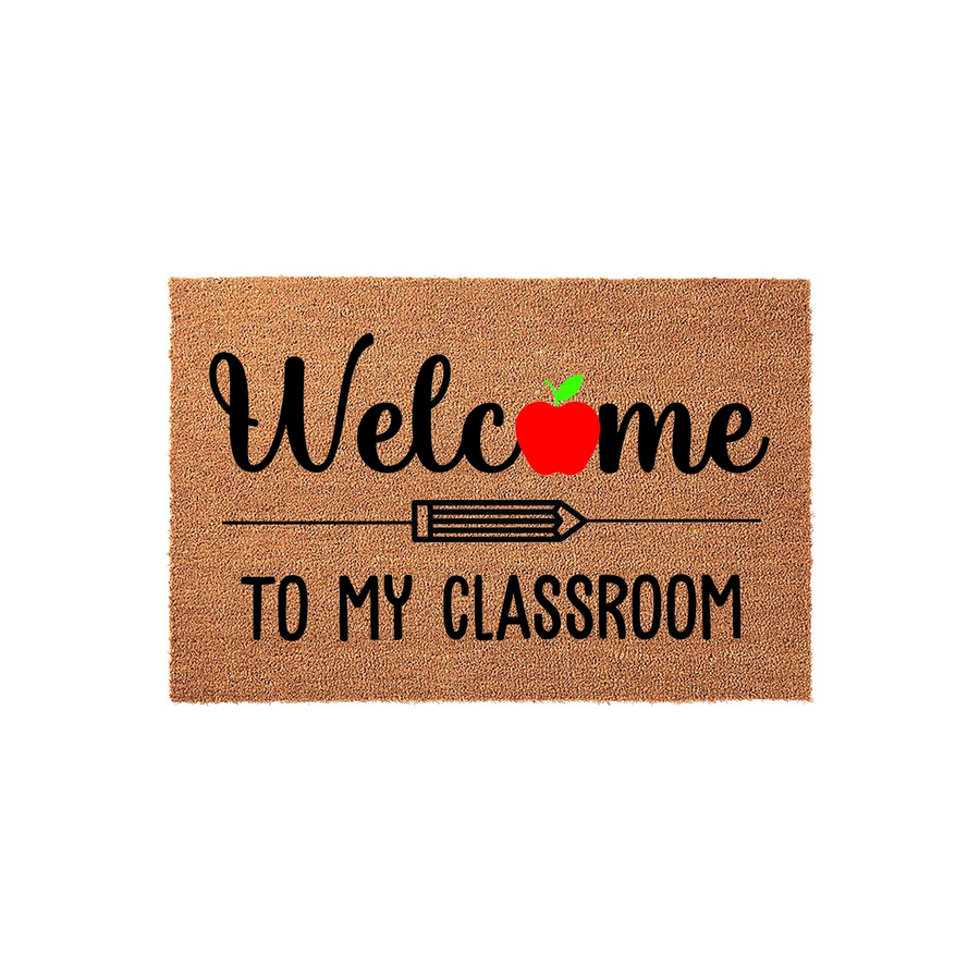 Teacher Classroom Welcome Doormat featuring a natural coir texture with black text that reads Welcome to my classroom, accented by a bright red apple icon and a pencil graphic centered on a plain white background for a school