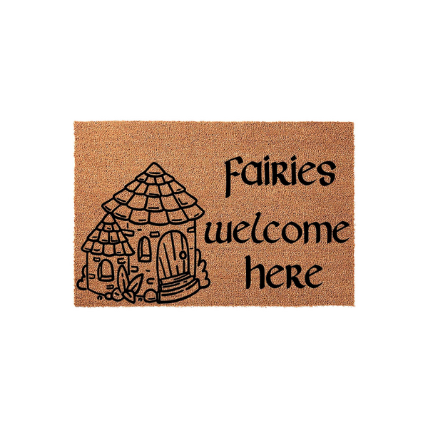 Fairies Welcome Here coir doormat featuring a whimsical black line art illustration of a small fairy house on the left side, set against a natural brown textured background for a charming outdoor entryway decor accent.