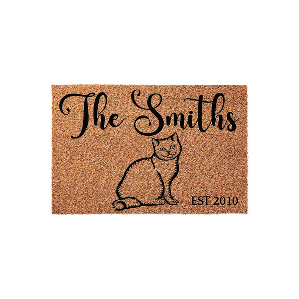 Personalized cat family doormat featuring a natural coir texture with a black illustration of a sitting cat, custom family name text, and an established year date, making it a charming addition to any pet lover's front porch