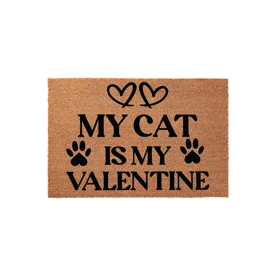 My Cat Is My Valentine coir doormat featuring black text and paw print graphics on a natural brown fiber background, making a festive entryway rug for cat lovers to celebrate the holiday season with their favorite feline