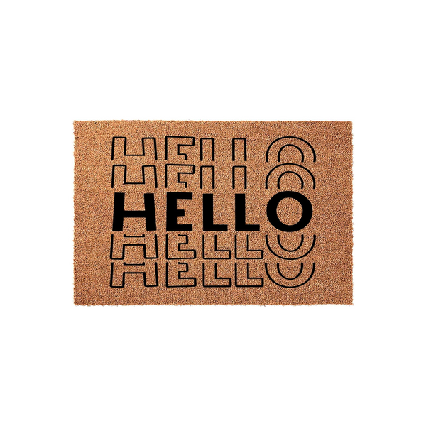 Modern Hello doormat made of natural coir fiber, featuring a unique graphic design with the word Hello repeated in bold black lettering and stylized geometric outlines against a textured tan background for a contemporary entryway.