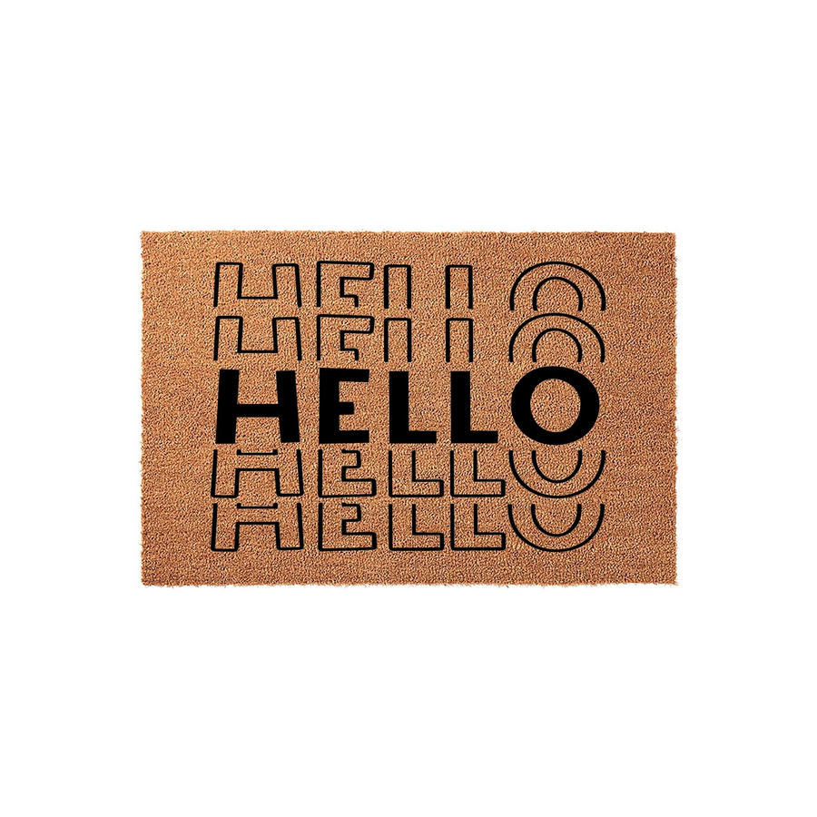 Modern Hello doormat made of natural coir fiber, featuring a unique graphic design with the word Hello repeated in bold black lettering and stylized geometric outlines against a textured tan background for a contemporary entryway.