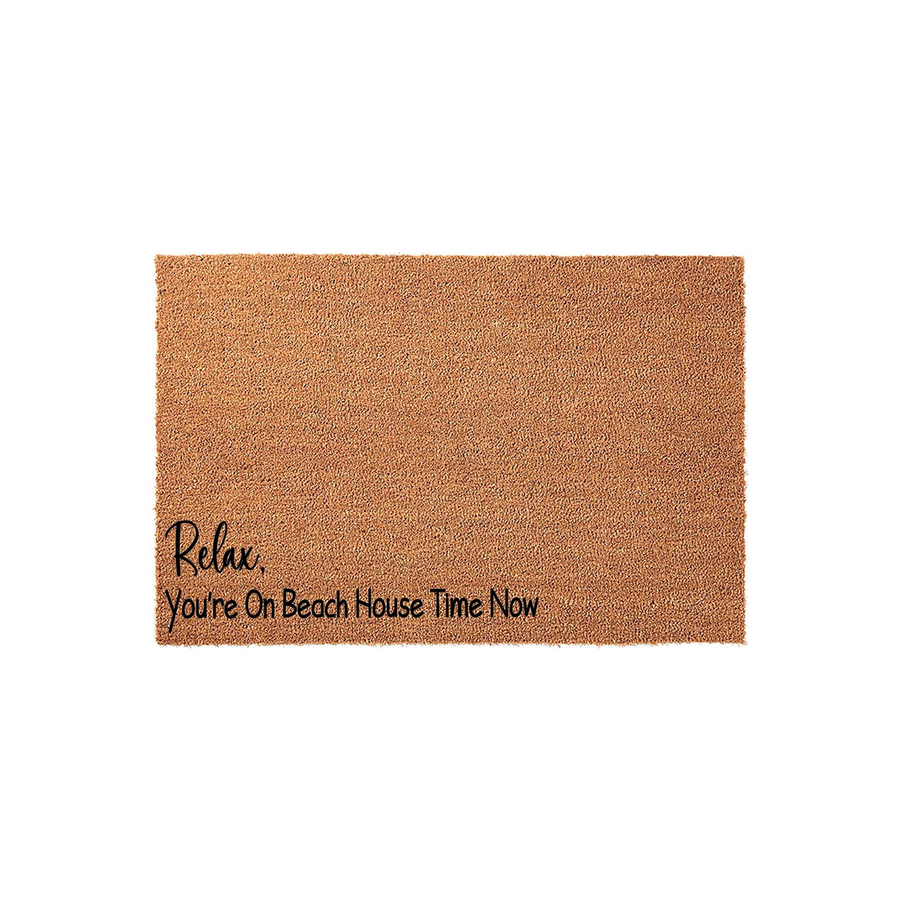 Beach House Time Coir Doormat featuring a natural tan fiber texture and black printed text that reads Relax, You're On Beach House Time Now, making it a fun and welcoming addition to any coastal home entryway or front porch decor.