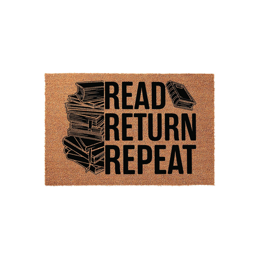 Book lover coir doormat featuring a stack of illustrated books and the bold black text Read Return Repeat, set against a natural tan fiber background that adds a charming literary touch to any home entryway or library room decor.