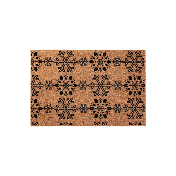 Winter Snowflake Coir Doormat featuring a natural tan fiber background with a repeating pattern of bold black snowflakes printed across the surface, creating a festive holiday entryway decor piece for your front porch or home