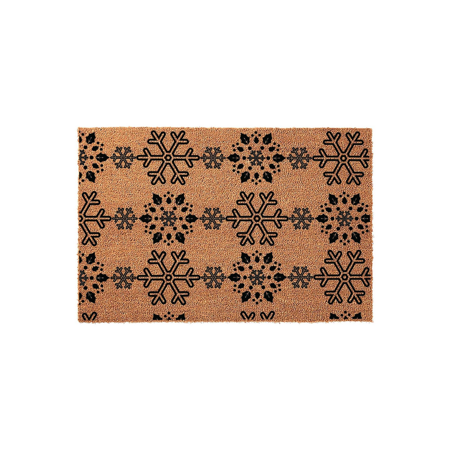 Winter Snowflake Coir Doormat featuring a natural tan fiber background with a repeating pattern of bold black snowflakes printed across the surface, creating a festive holiday entryway decor piece for your front porch or home