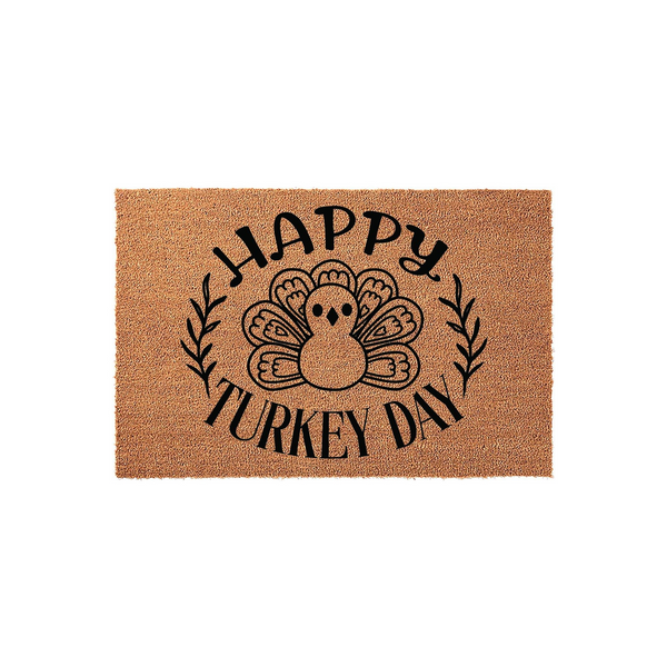 Happy Turkey Day coir doormat featuring a central illustration of a cute turkey surrounded by a decorative leaf wreath, printed in bold black ink on a natural tan fiber background for a festive Thanksgiving entryway decor style.