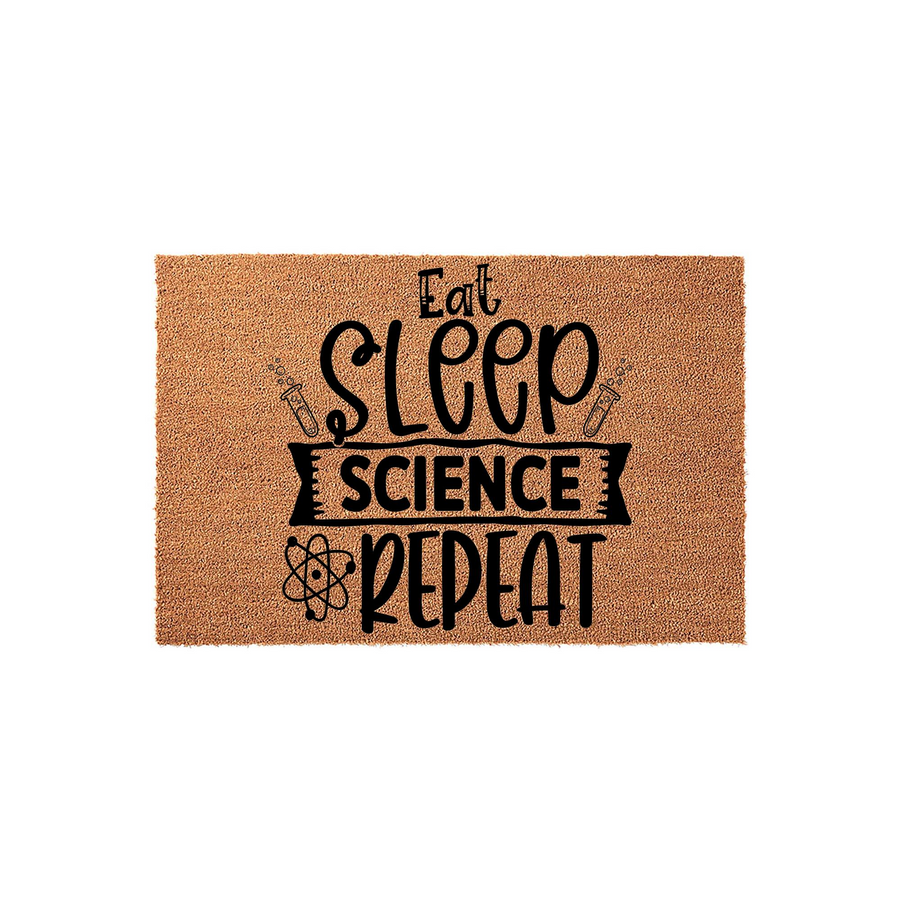 Science themed doormat featuring the text Eat Sleep Science Repeat in bold black lettering, accented with laboratory test tubes and an atom icon on a natural tan coir fiber background for a fun and nerdy home entryway decor piece.