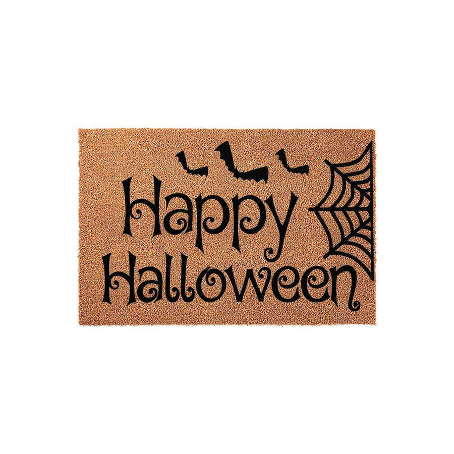 Happy Halloween coir doormat featuring a natural brown fiber texture with black printed text, three flying bats, and a spider web design in the corner, creating a festive seasonal entryway decor piece for your front porch or home