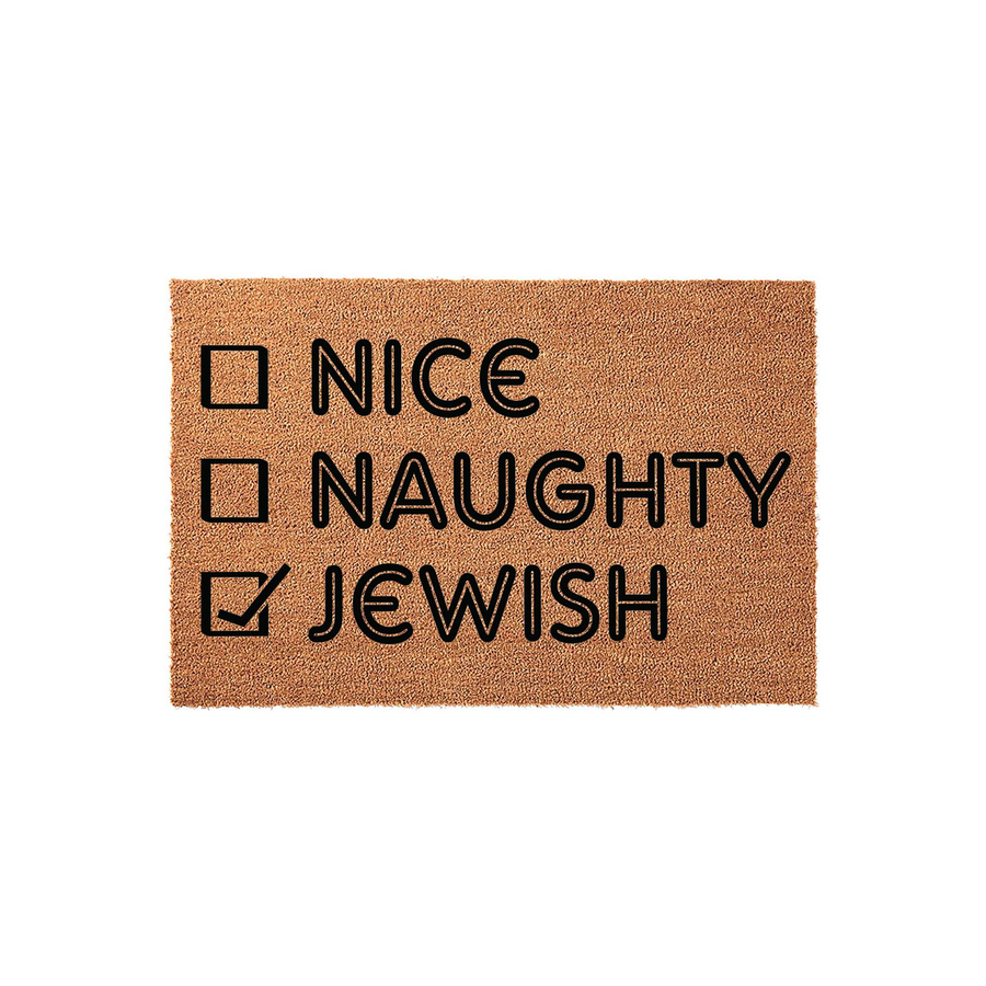 Funny Jewish holiday doormat featuring a checklist design on natural coir fiber, with the words Nice and Naughty left unchecked while the word Jewish is marked with a bold checkmark for a festive and humorous seasonal home