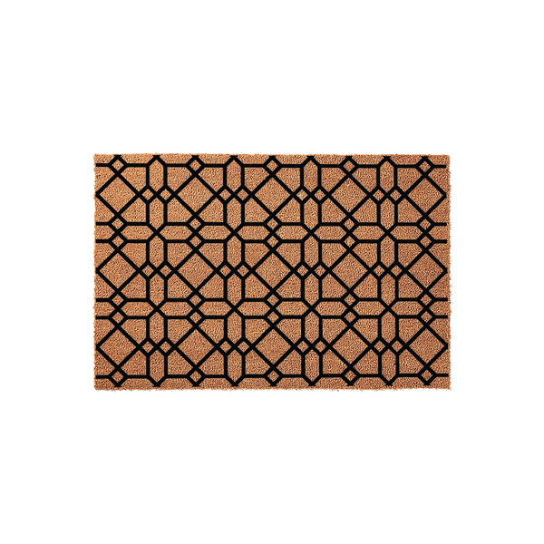 Geometric Pattern Coir Doormat featuring a bold black lattice design printed on a natural tan fiber background, creating a modern and durable entryway floor mat that adds a sophisticated touch to any front porch or home entrance