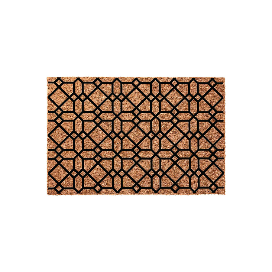 Geometric Pattern Coir Doormat featuring a bold black lattice design printed on a natural tan fiber background, creating a modern and durable entryway floor mat that adds a sophisticated touch to any front porch or home entrance