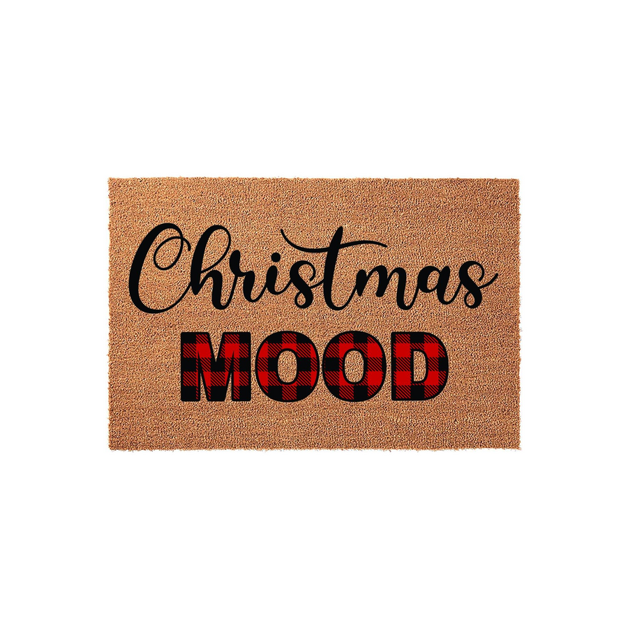 Christmas Mood doormat featuring a natural coir texture with black script lettering and bold block letters filled with a red and black buffalo plaid pattern, set against a clean white background for a festive holiday home