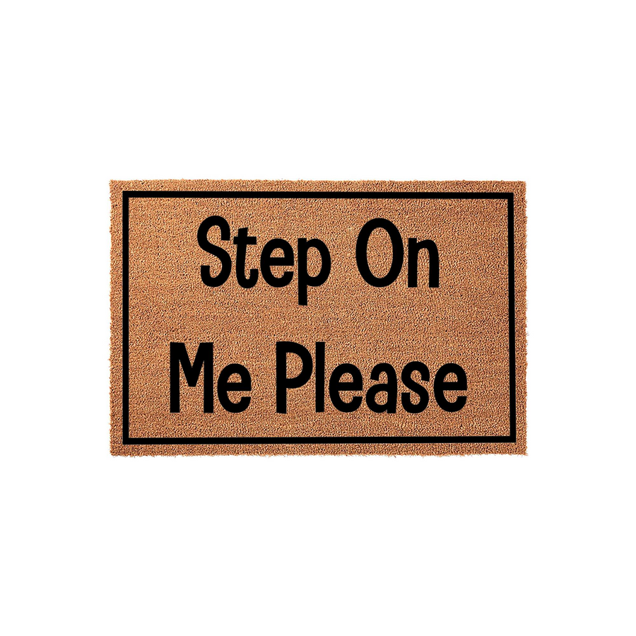 Step On Me Please coir doormat featuring a natural tan fiber texture and a bold black rectangular border, displaying the humorous phrase in clean black lettering to welcome guests to your home with a fun and quirky front porch