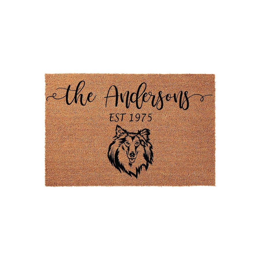 Personalized Collie Dog Doormat featuring a natural coir texture, custom family name text, and an established year, showcasing a detailed black illustration of a Collie dog breed centered on this durable outdoor welcome mat for