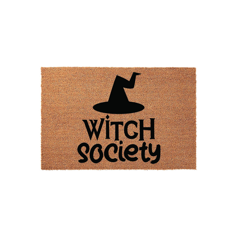 Witch Society coir doormat featuring a black witch hat graphic and bold, whimsical lettering centered on a natural tan fiber background, making it a fun and spooky addition to your front porch decor for the Halloween season.
