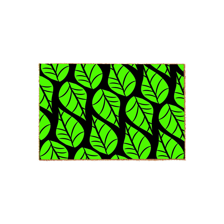Modern leaf pattern coir doormat featuring a bold, high-contrast design of bright lime green leaves set against a solid black background, creating a vibrant botanical aesthetic for a front porch or entryway floor decor.