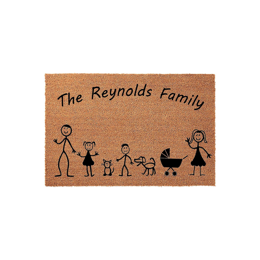 Personalized family stick figure doormat featuring a custom last name and illustrated characters including parents, children, a cat, a dog, and a baby stroller on a natural coir fiber background for a welcoming home entrance