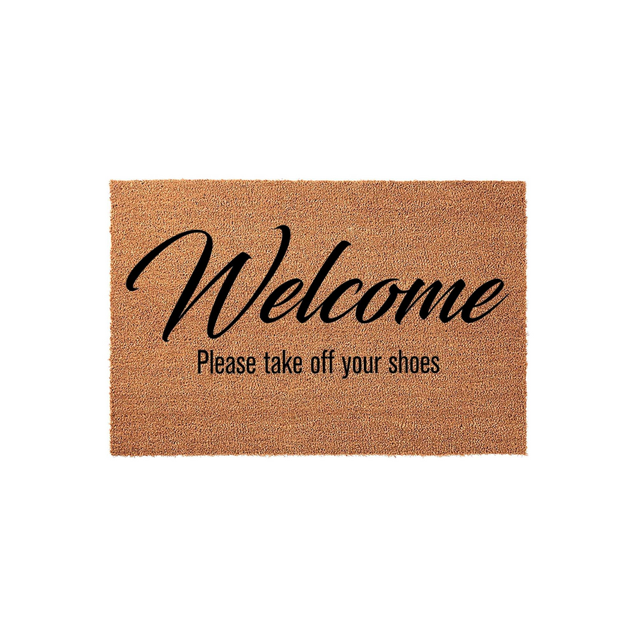 Welcome Please Take Off Your Shoes coir doormat featuring a natural brown fiber texture with bold black script and sans-serif lettering, providing a functional and stylish entryway floor mat for your home front porch or mudroom