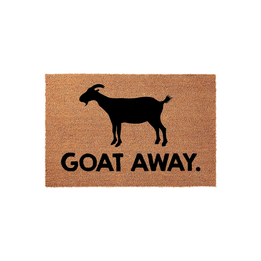 Goat Away coir doormat featuring a bold black silhouette of a goat centered above the humorous text Goat Away, set against a natural brown textured fiber background for a fun and welcoming front porch entrance decor piece.
