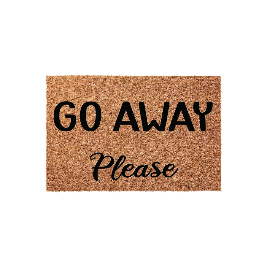 Go Away Please funny coir doormat featuring bold black lettering on a natural tan fiber background, designed as a humorous front porch welcome mat for your home entrance that adds a touch of personality to your outdoor decor.