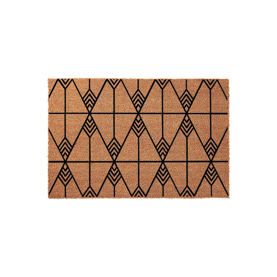 Modern Geometric Coir Doormat featuring a bold black chevron and diamond pattern printed on a natural tan fiber background, creating a stylish and durable entryway floor mat for your home decor against a clean white studio
