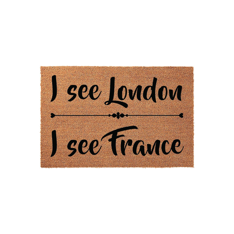 I see London I see France coir doormat featuring a natural brown fiber texture and bold black script lettering, centered with a decorative horizontal line divider on a clean white background for a modern home entryway aesthetic.
