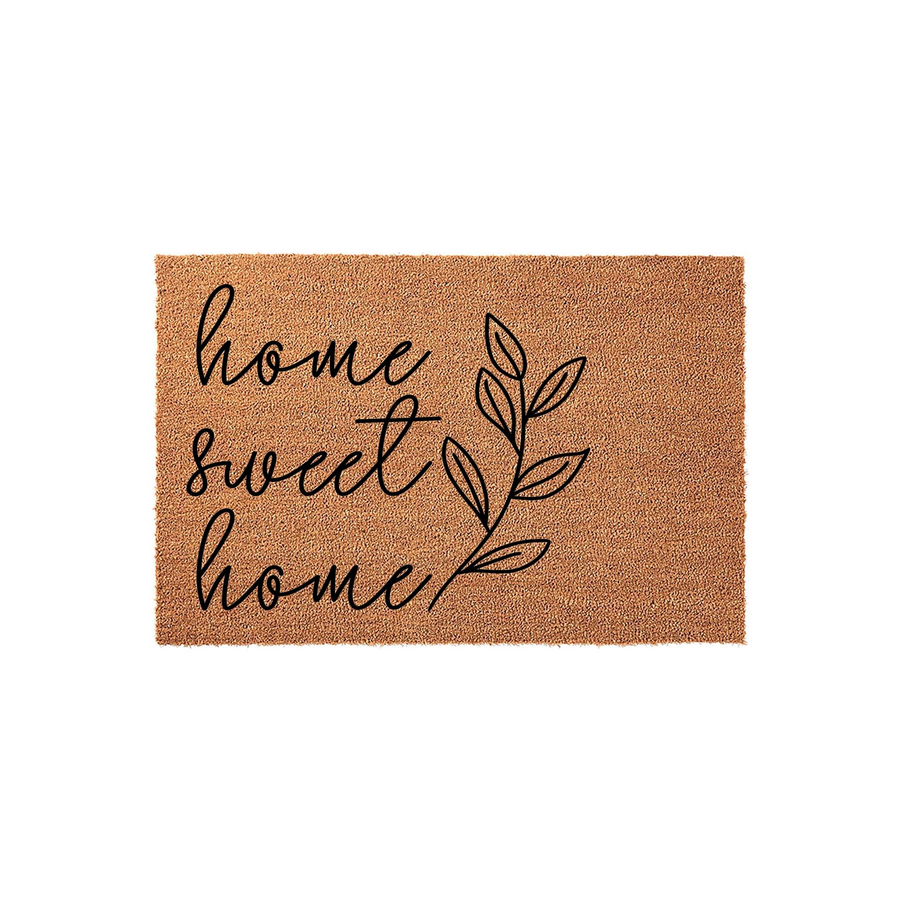 Home Sweet Home coir doormat featuring a natural brown fiber texture and elegant black script lettering, accented by a simple botanical leaf branch design on the right side for a modern farmhouse entryway decor style.