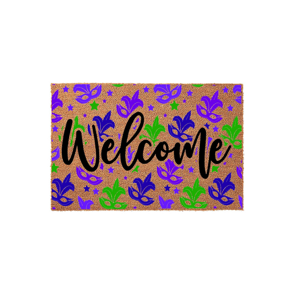 Mardi Gras Welcome Doormat featuring a natural coir texture decorated with a festive pattern of purple and green masquerade masks, fleur-de-lis, and stars, with the word Welcome written in a bold black script across the center.