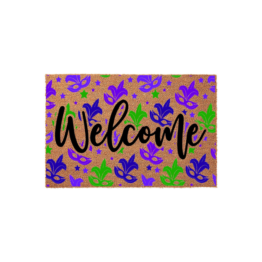 Mardi Gras Welcome Doormat featuring a natural coir texture decorated with a festive pattern of purple and green masquerade masks, fleur-de-lis, and stars, with the word Welcome written in a bold black script across the center.
