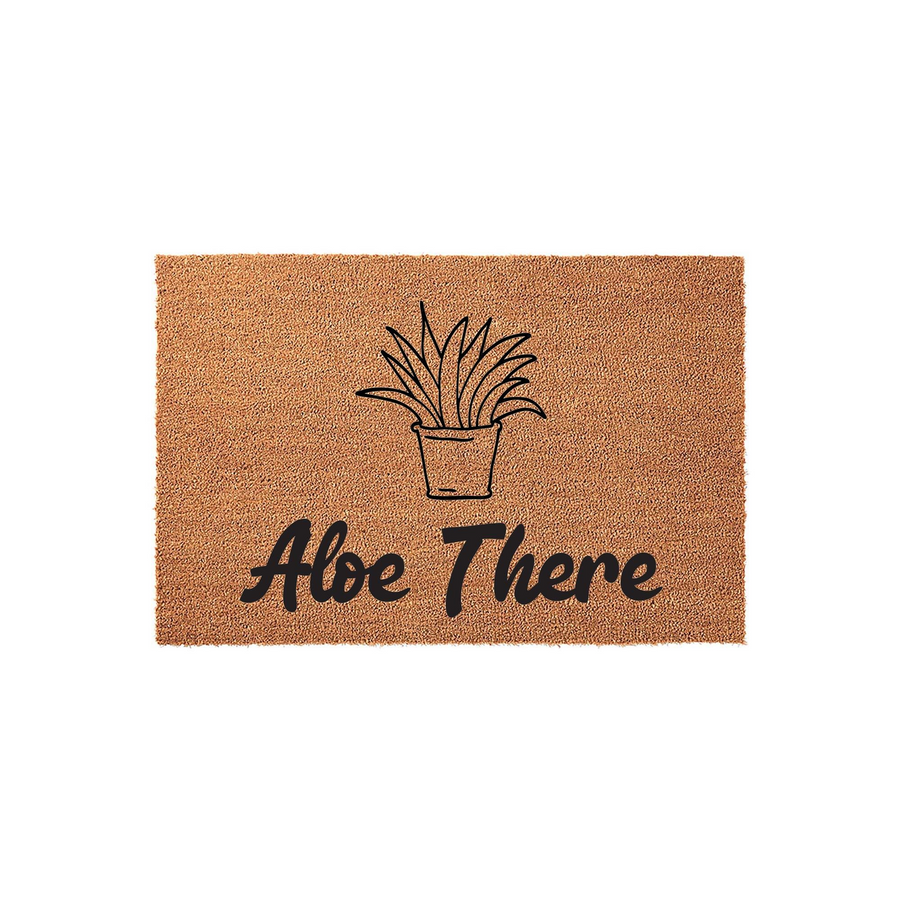 Aloe There coir doormat featuring a simple black line art illustration of a potted aloe plant centered above the playful pun text, set against a natural brown textured fiber background for a welcoming front porch entry decor