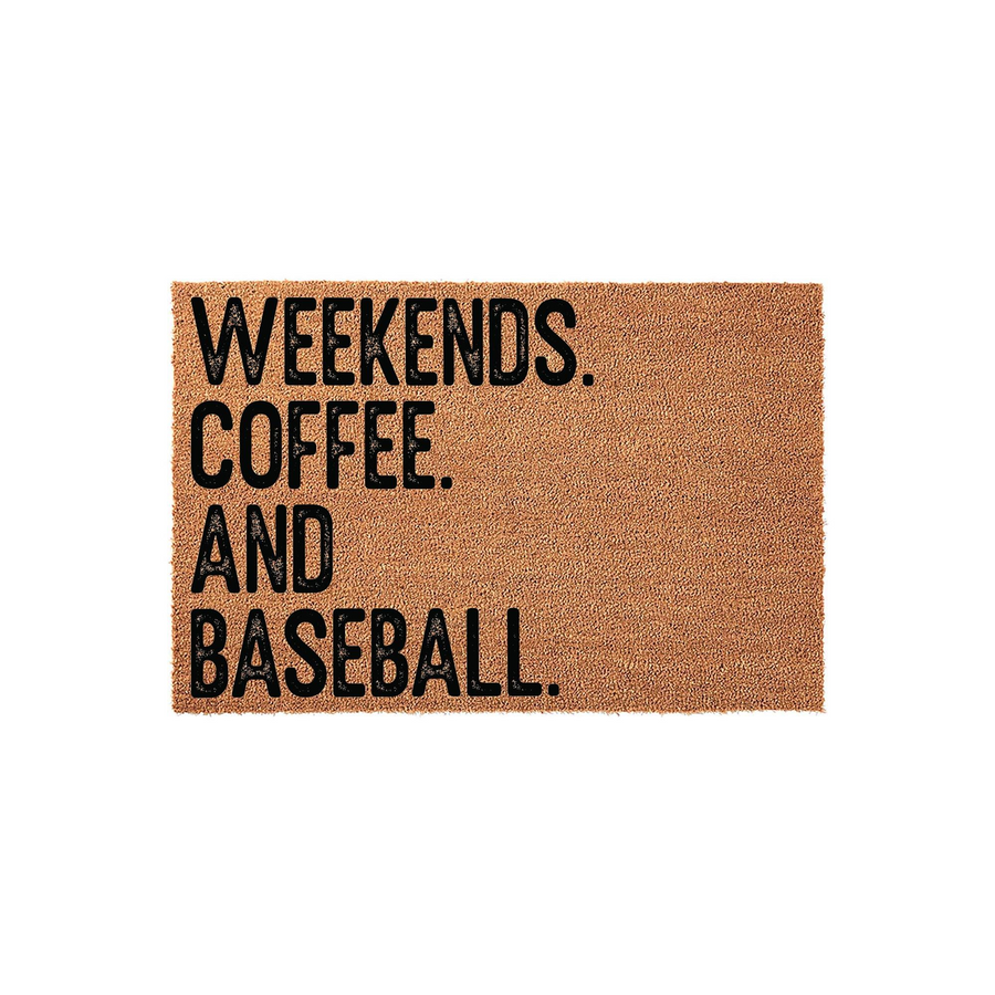 Weekends Coffee and Baseball coir doormat featuring bold black text printed on a natural brown fiber background, creating a fun and sporty entrance decor piece for any home that loves the game of baseball and morning coffee